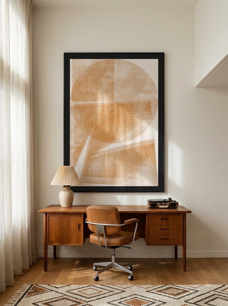 Oversized statement modern wall art print styled on the wall in a mid-century home office