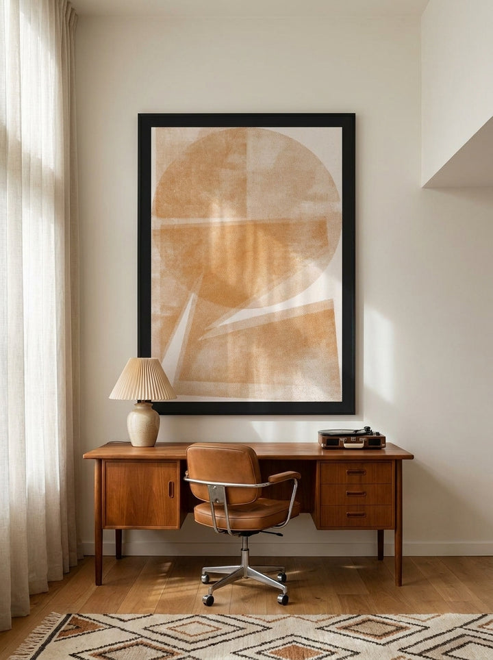 Oversized statement modern wall art print styled on the wall in a mid-century home office