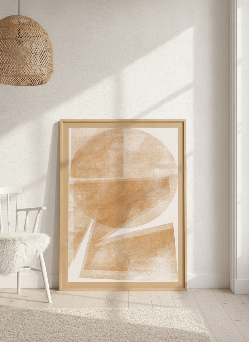 Oversized statement modern wall art print leaning against the wall in a bright Scandinavian living room