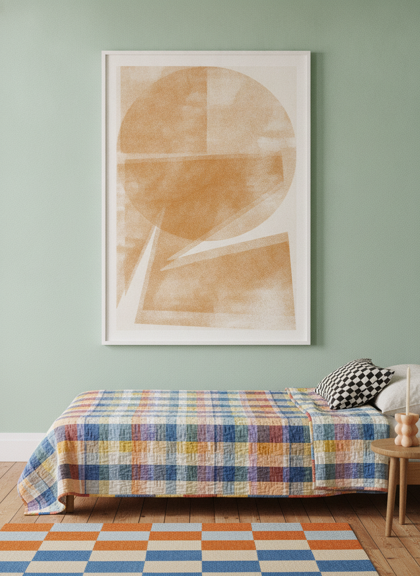 Modern wall art print styled on the wall in a colourful eclectic bedroom