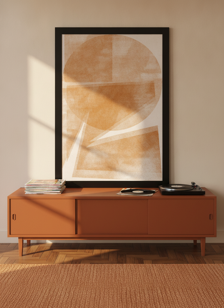 Modern wall art print standing on a sideboard in a retro 70s home office
