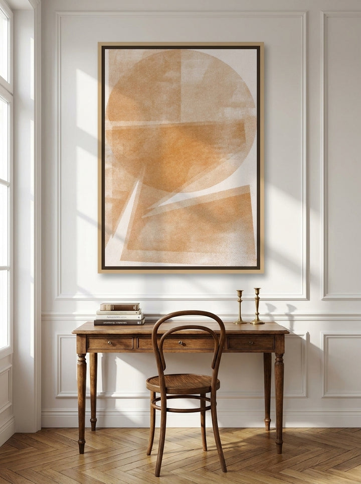 Oversized statement canvas wall art with a natural timber surround styled on the wall in a Parisian home office