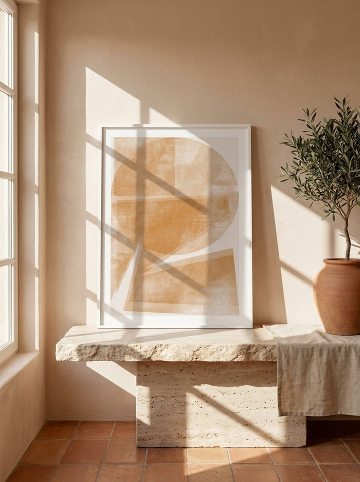 Modern wall art print standing on a console in a Mediterranean bedroom