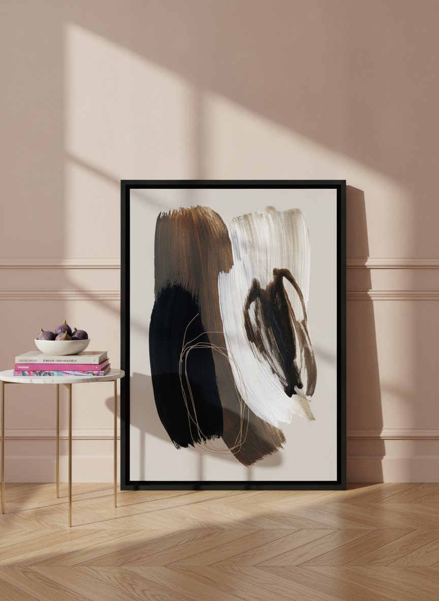 Canvas wall art with a black surround leaning against the wall in a Parisian living room