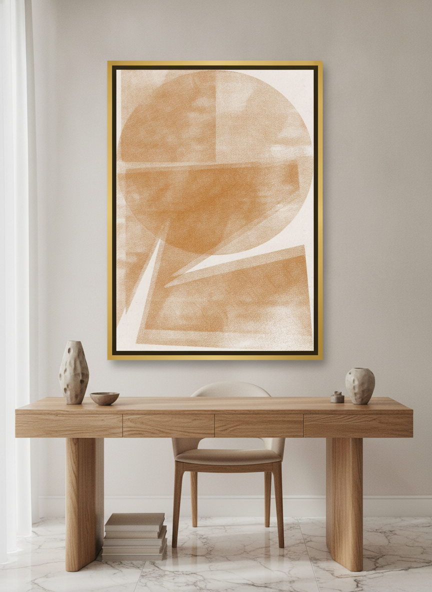 Canvas wall art with a gold leaf surround styled on the wall in a luxe home office