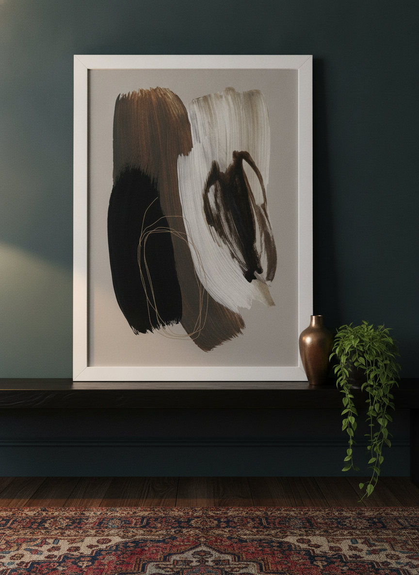Modern wall art print standing on a console in a moody bedroom