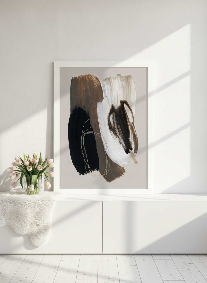 Modern wall art print standing on a sideboard in a bright Scandinavian home office
