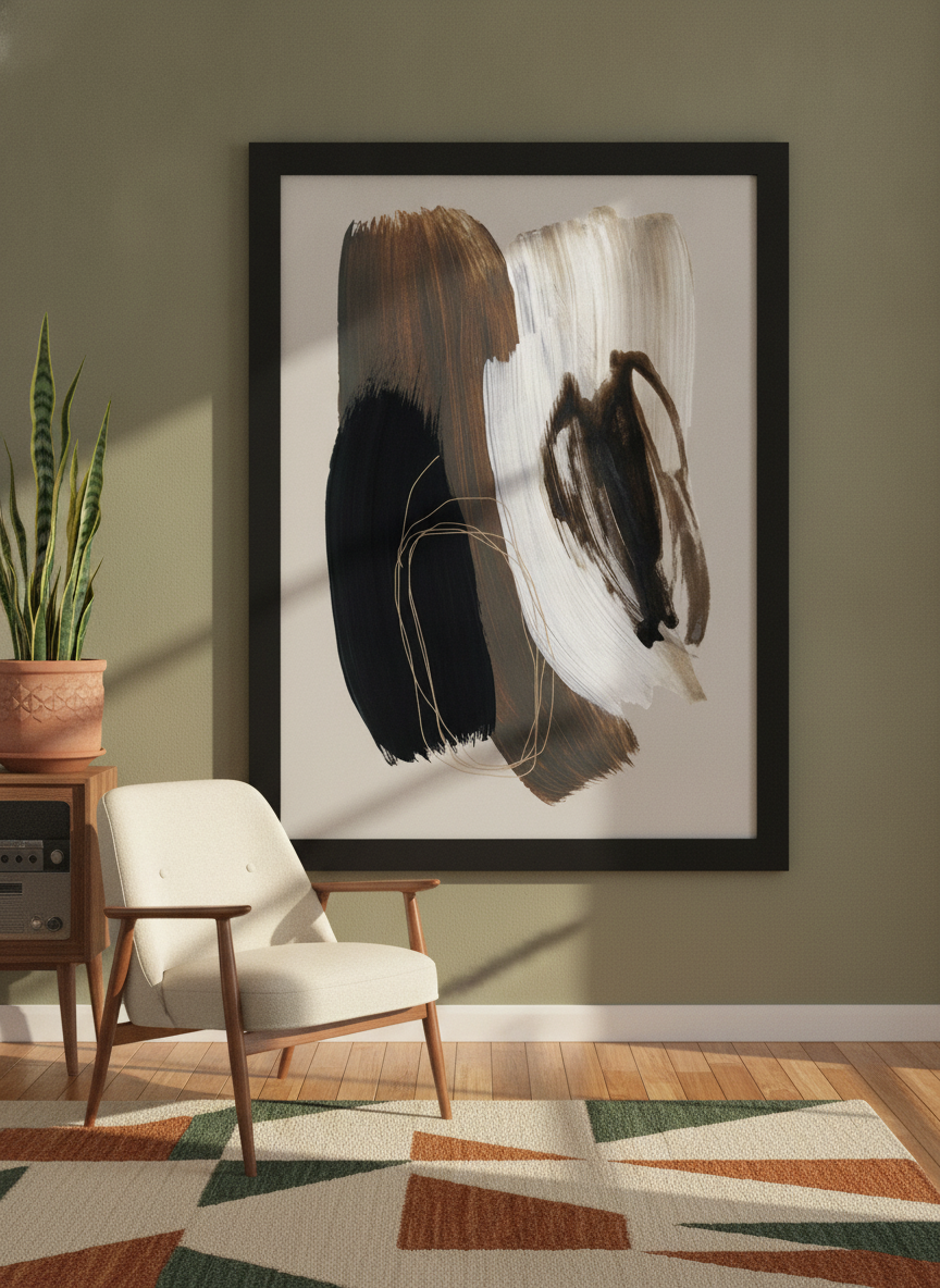 Oversized statement modern wall art print leaning against the wall in a mid-century home office