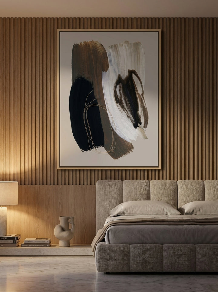 Oversized statement canvas wall art with a natural timber surround styled on the wall in a luxe bedroom