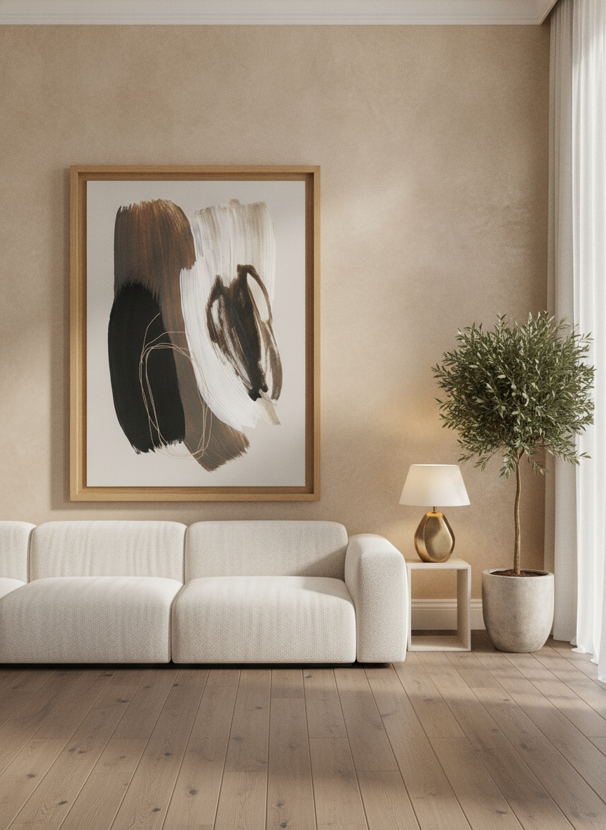 Oversized statement modern wall art print styled on the wall in a luxe living room