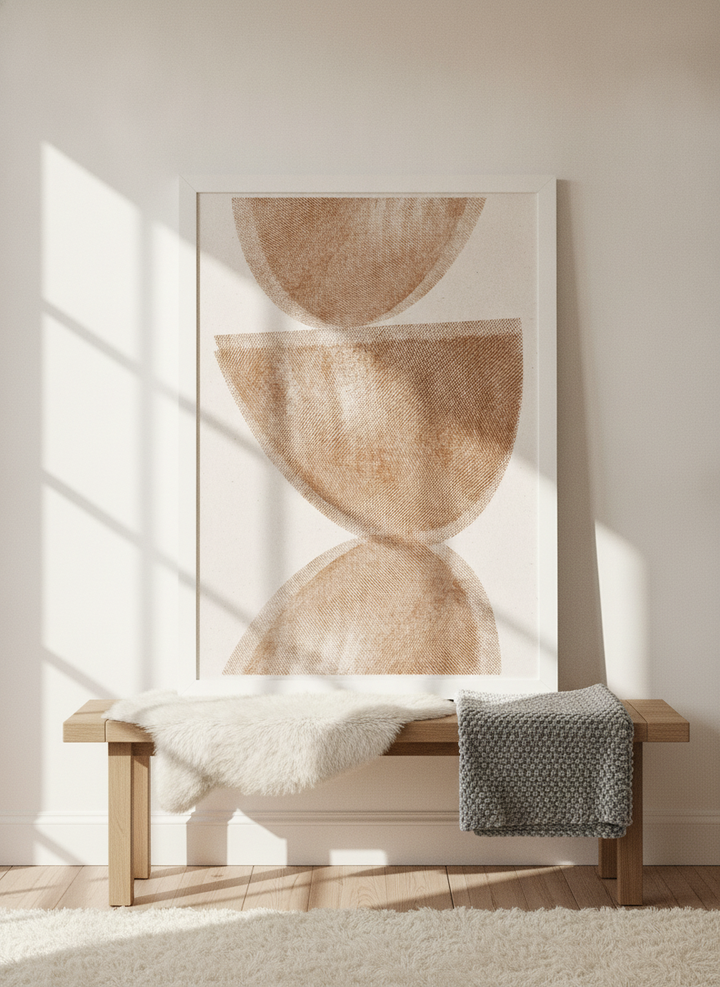 Modern wall art print standing on a bench in a bright Scandinavian home office