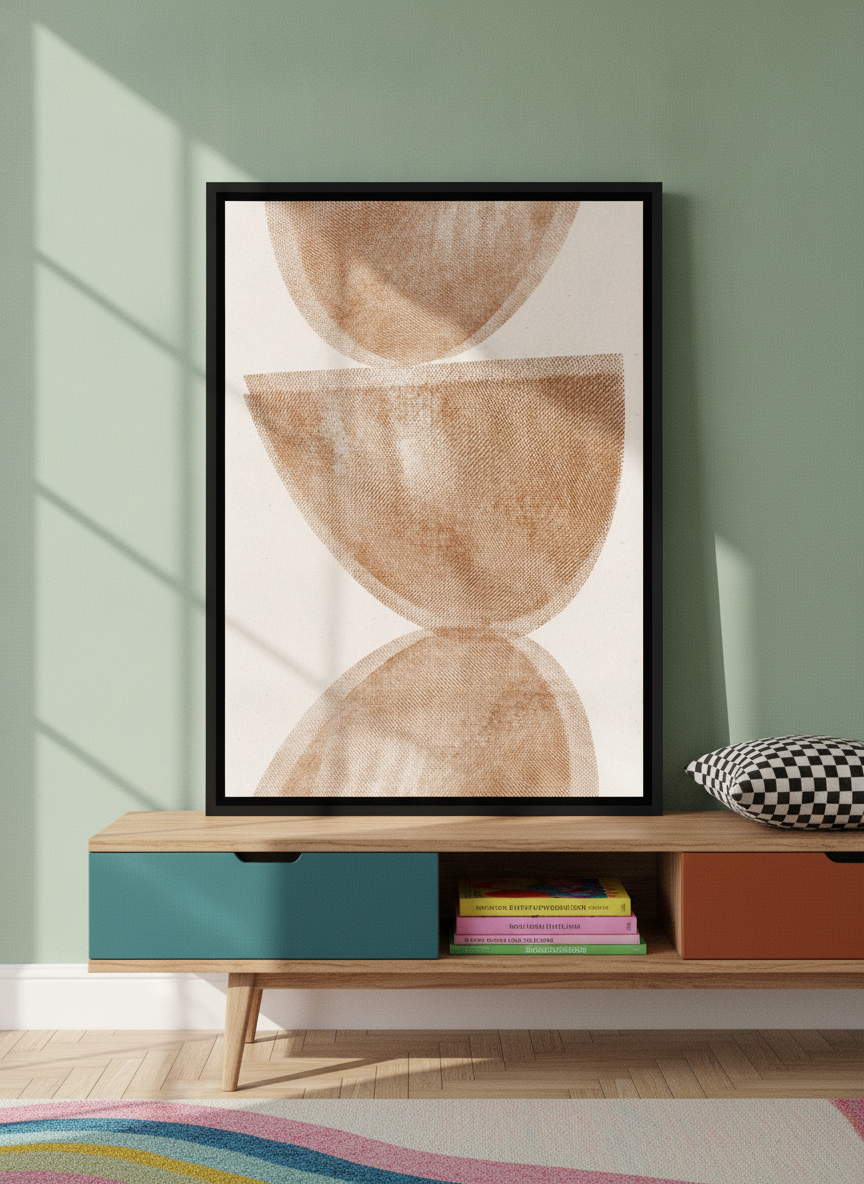 Canvas wall art with a black surround standing on a side table in a colourful eclectic living room