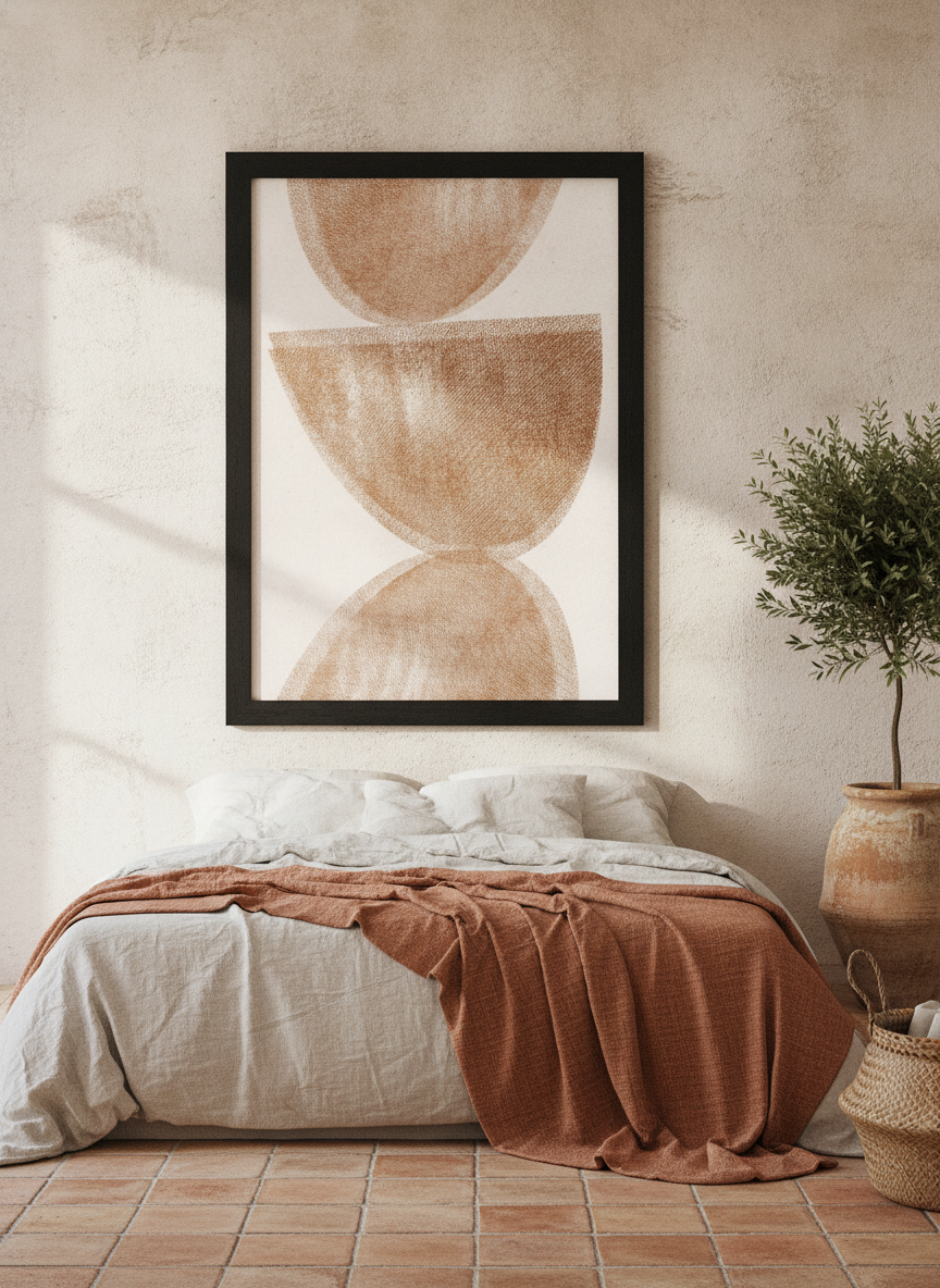 Oversized statement modern wall art print styled on the wall in a Mediterranean bedroom