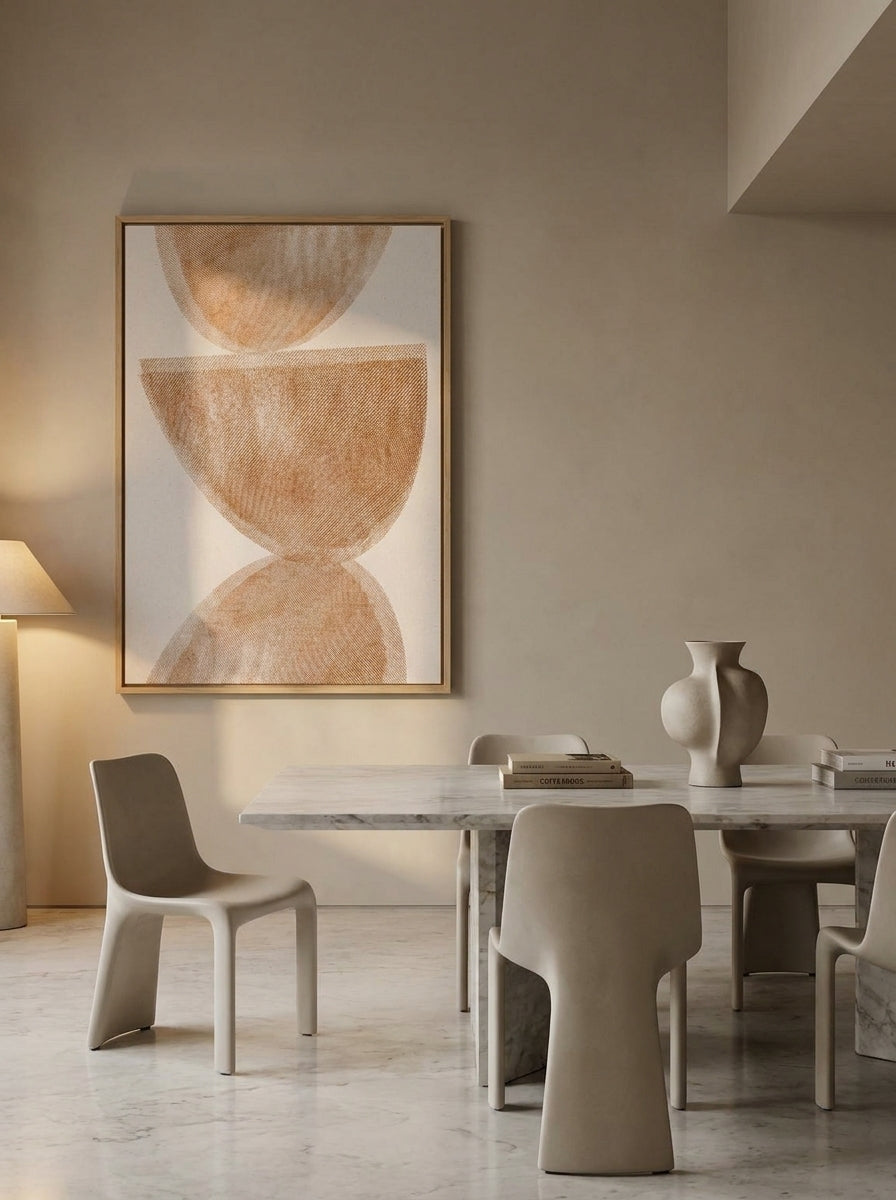 Oversized statement modern wall art print styled on the wall in a luxe dining room