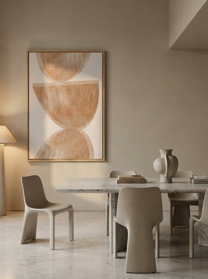 Oversized statement modern wall art print styled on the wall in a luxe dining room