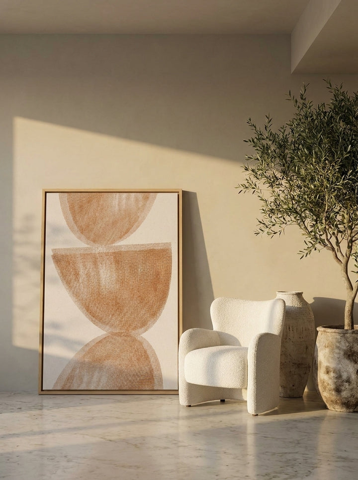 Oversized statement canvas wall art with a natural timber surround leaning against the wall in a luxe bedroom