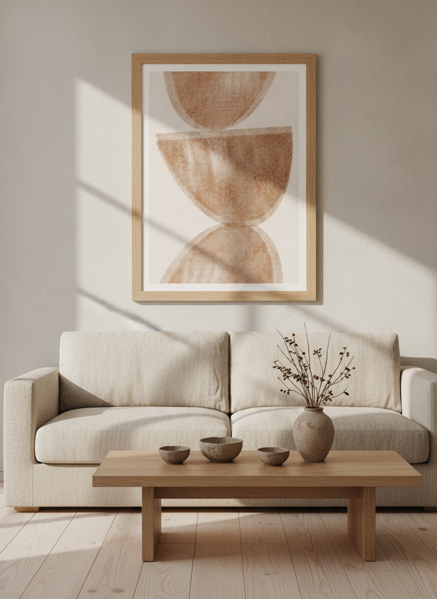 Modern wall art print styled on the wall in a warm Japandi living room