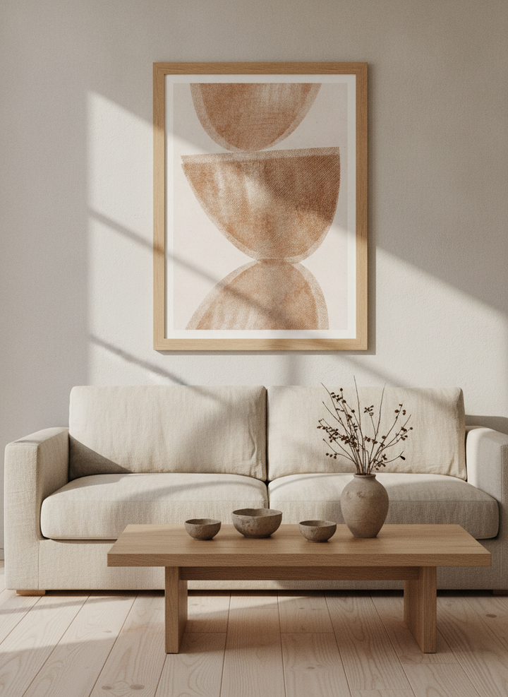 Modern wall art print styled on the wall in a warm Japandi living room