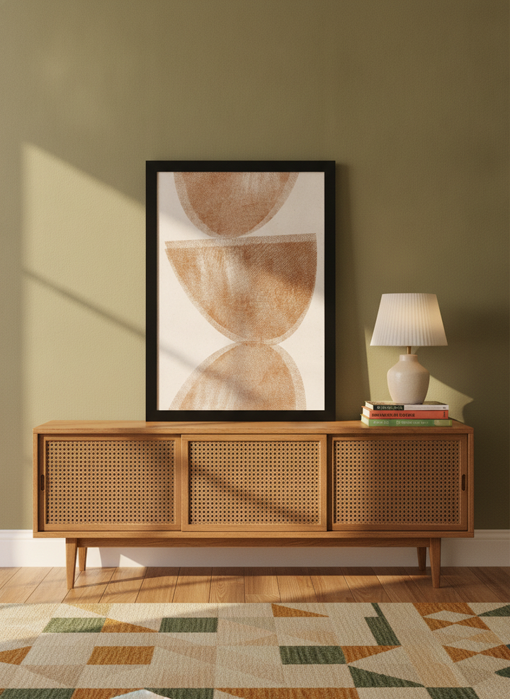 Modern wall art print standing on a sideboard in a mid-century living room