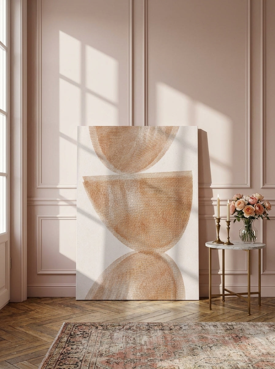 Stretched canvas wall art leaning against the wall in a Parisian home office