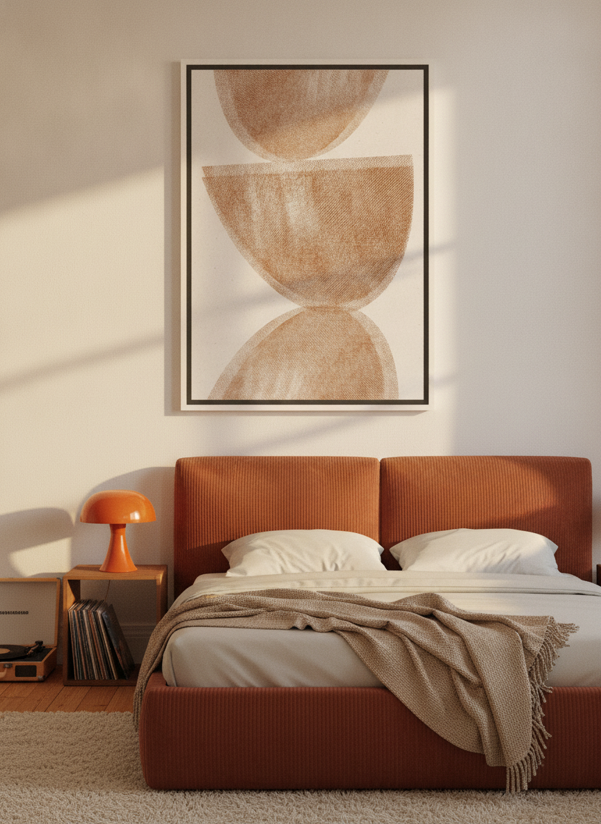 Canvas wall art with a white surround styled on the wall in a retro 70s bedroom
