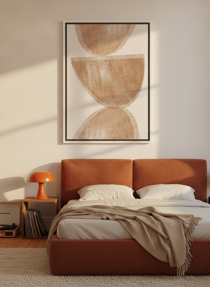 Canvas wall art with a white surround styled on the wall in a retro 70s bedroom