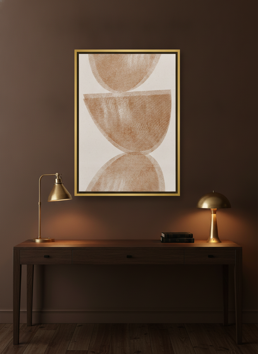 Canvas wall art with a gold leaf surround styled on the wall in a moody home office
