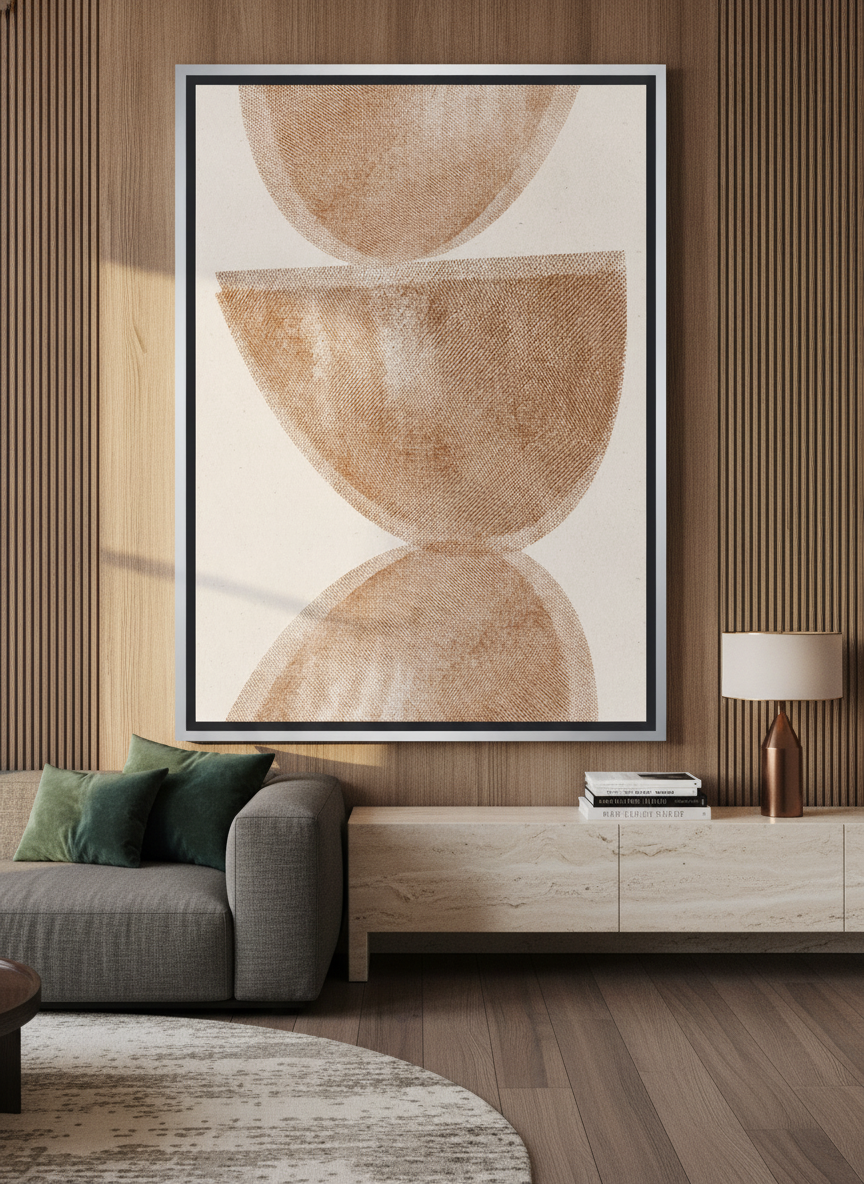 Oversized statement canvas wall art with a silver leaf surround styled on the wall in a luxe living room