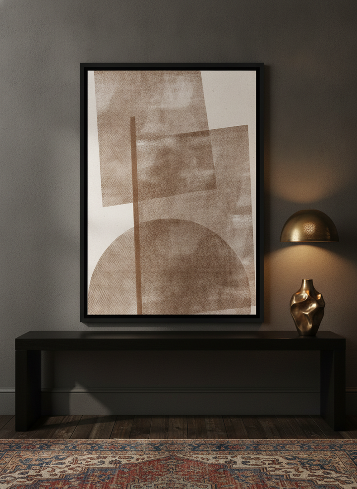 Canvas wall art with a black surround standing on a console in a moody living room