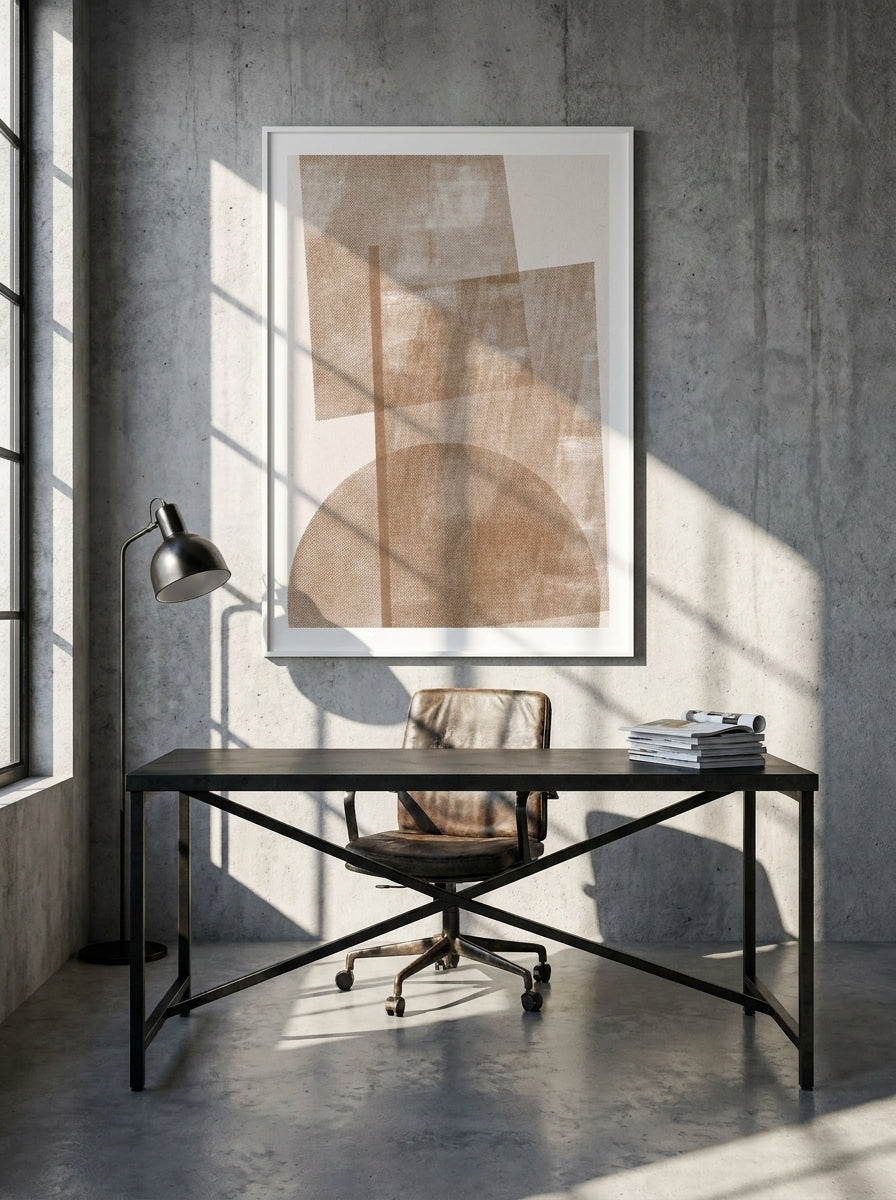Modern wall art print styled on the wall in an industrial loft home office