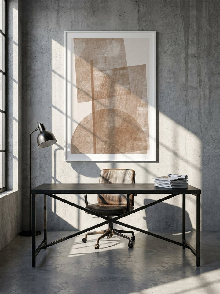 Modern wall art print styled on the wall in an industrial loft home office