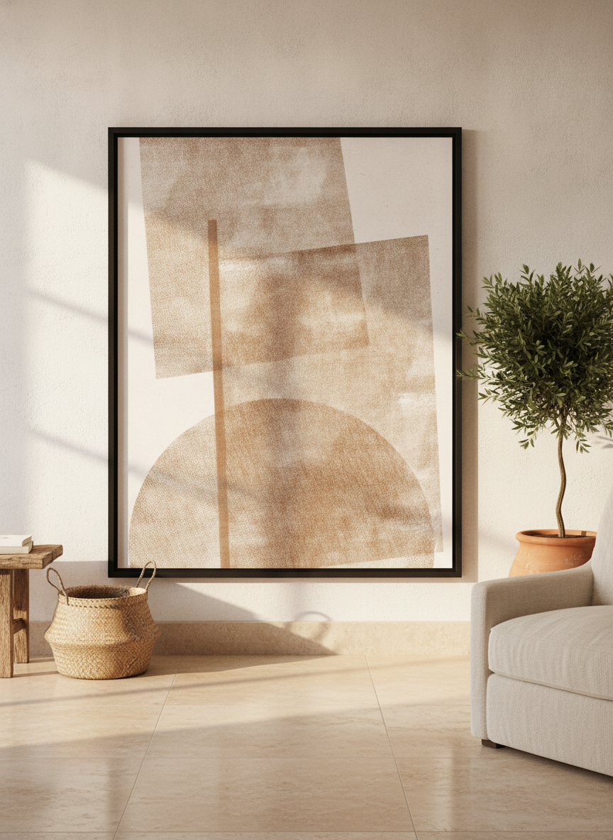 Oversized statement modern wall art print leaning against the wall in a Mediterranean home office