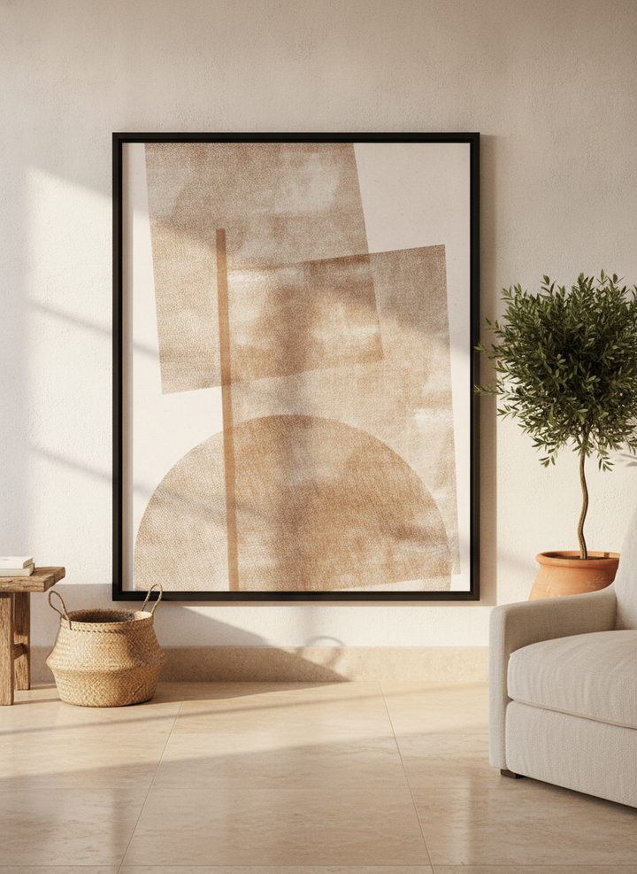 Oversized statement modern wall art print leaning against the wall in a Mediterranean home office