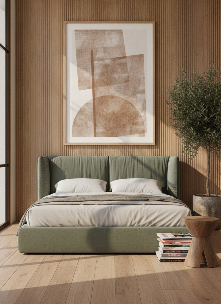 Oversized statement modern wall art print styled on the wall in a luxe bedroom