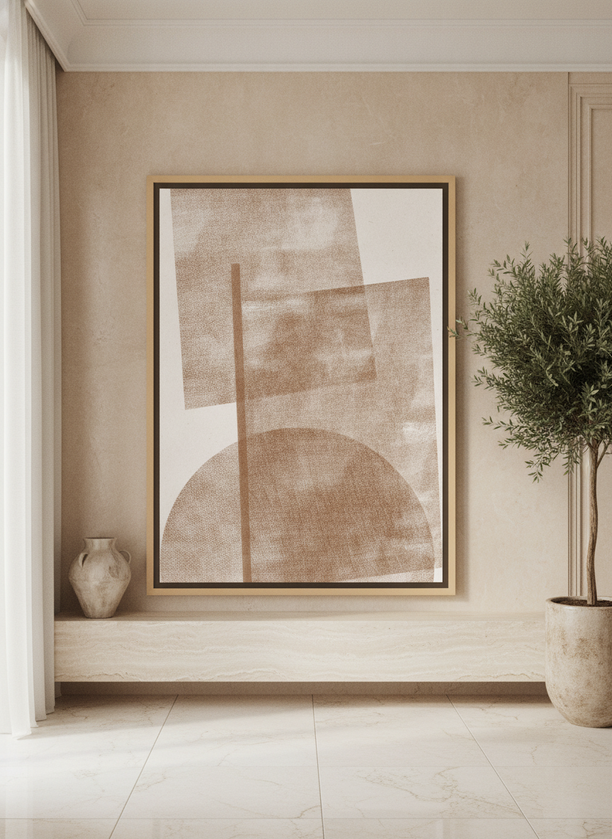 Oversized statement canvas wall art with a natural timber surround styled on the wall in a luxe living room