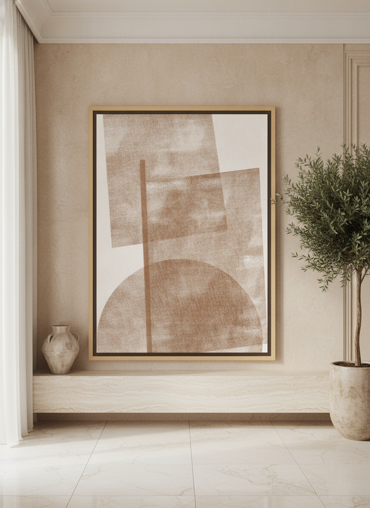 Oversized statement canvas wall art with a natural timber surround styled on the wall in a luxe living room