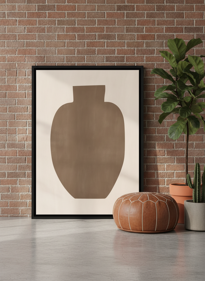 Canvas wall art with a black surround leaning against the wall in an industrial loft living room