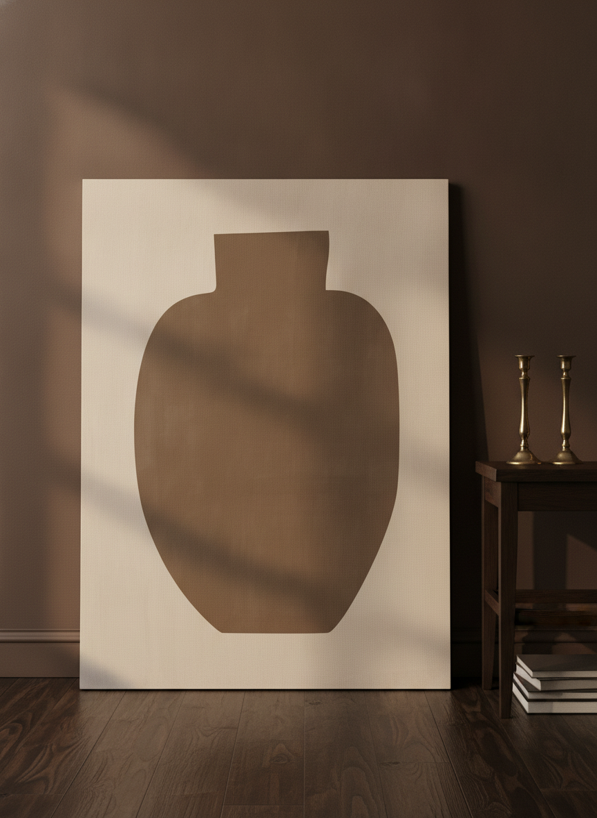 Stretched canvas wall art leaning against the wall in a moody home office