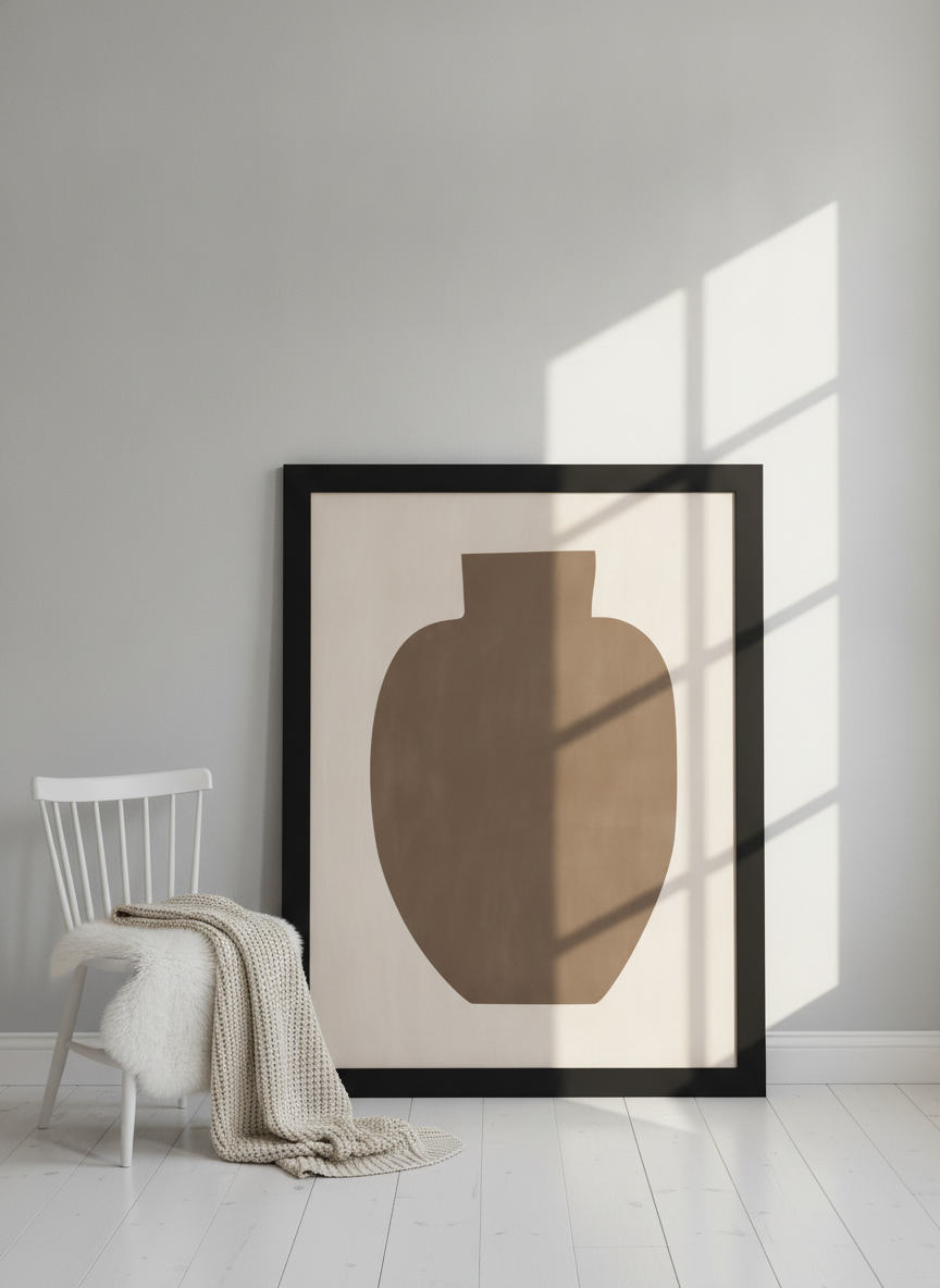 Oversized statement modern wall art print leaning against the wall in a bright Scandinavian bedroom