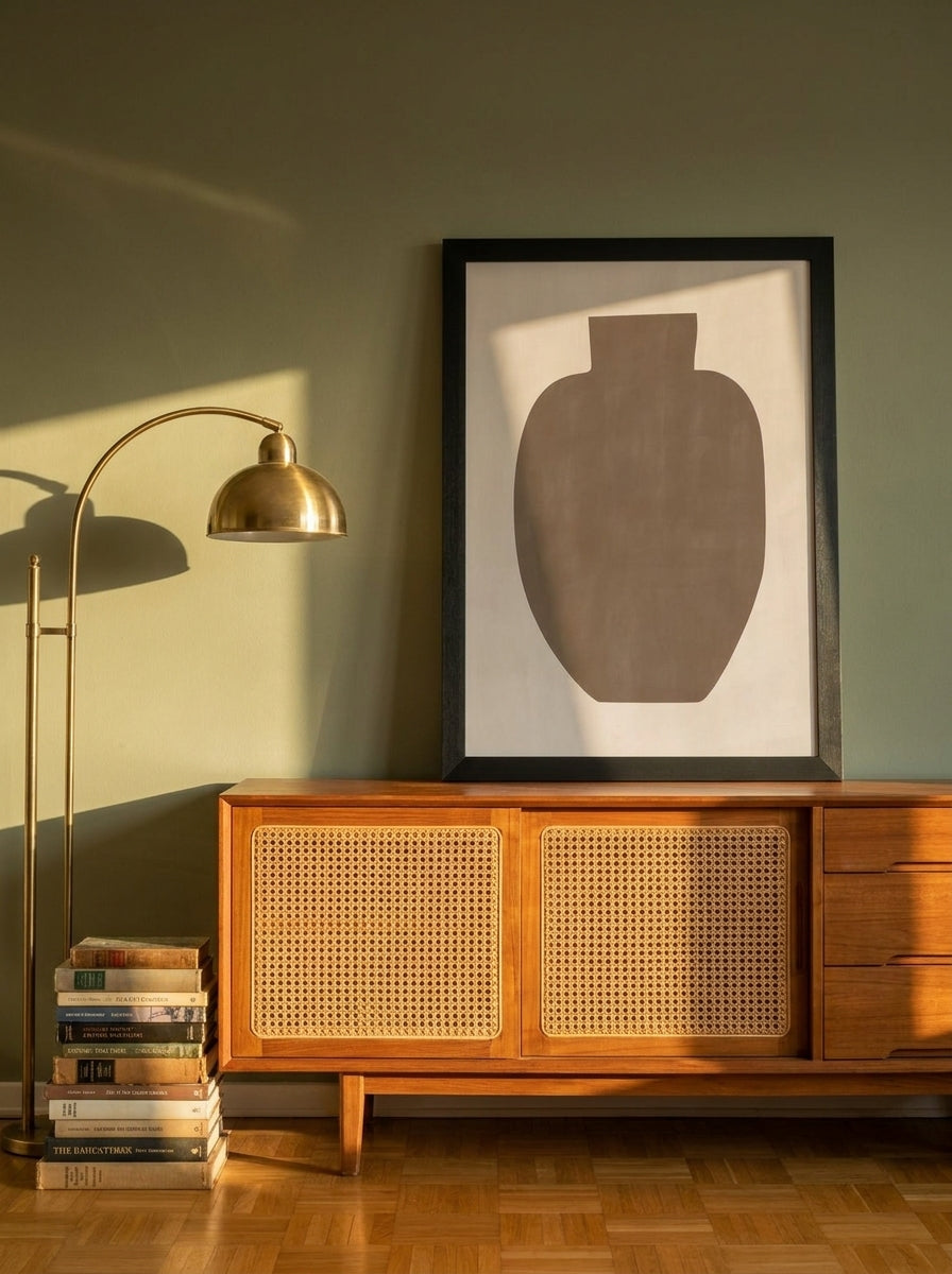 Modern wall art print standing on a sideboard in a mid-century living room