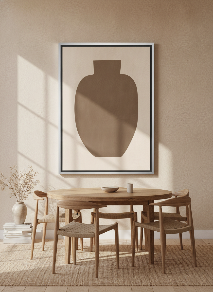 Oversized statement canvas wall art with a silver leaf surround styled on the wall in a warm Japandi dining room