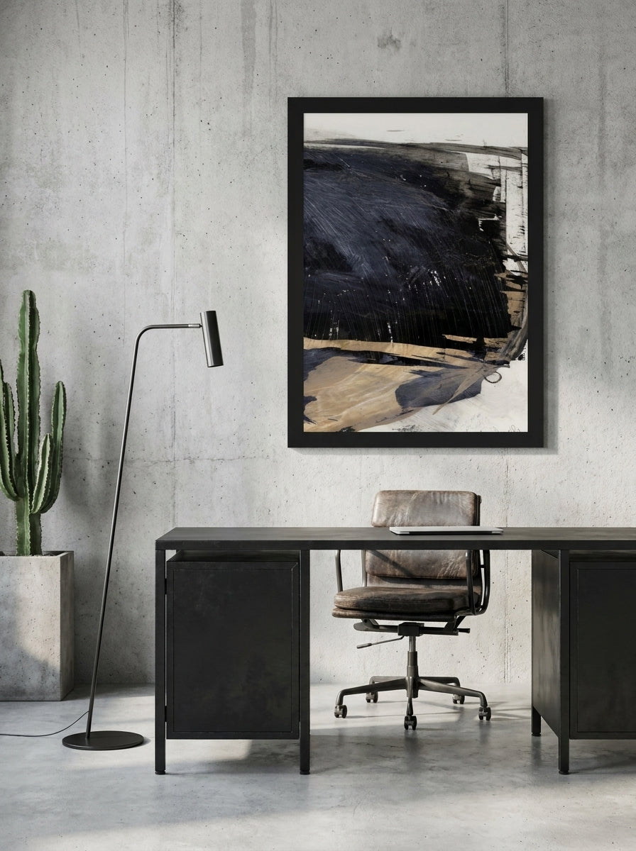 Modern wall art print styled on the wall in an industrial loft home office