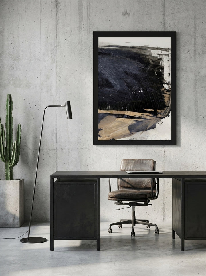 Modern wall art print styled on the wall in an industrial loft home office