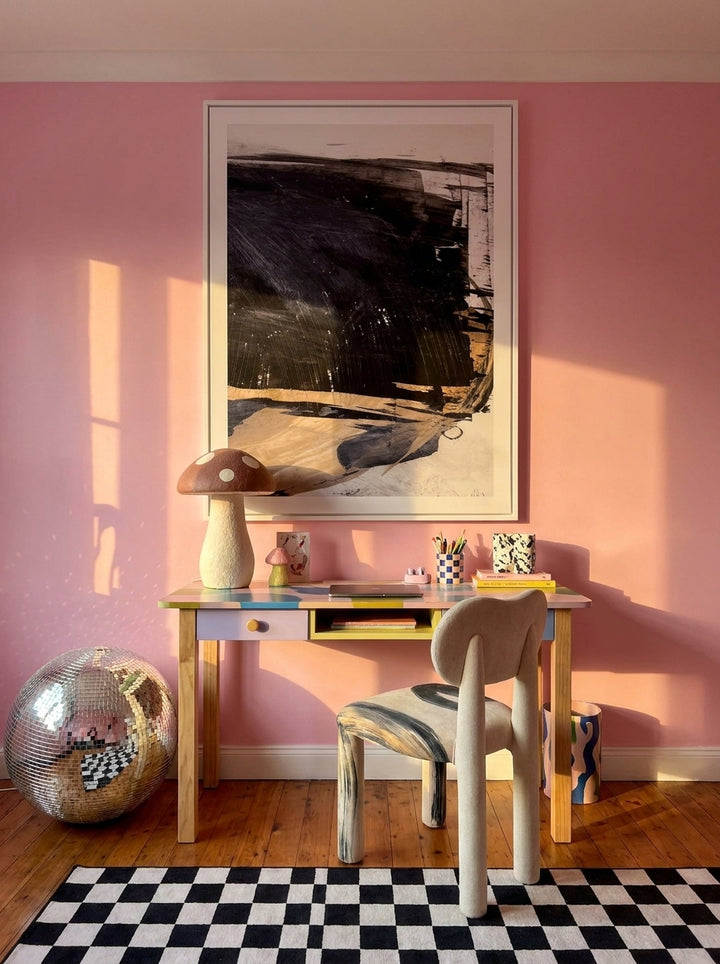 Modern wall art print styled on the wall in a colourful eclectic home office