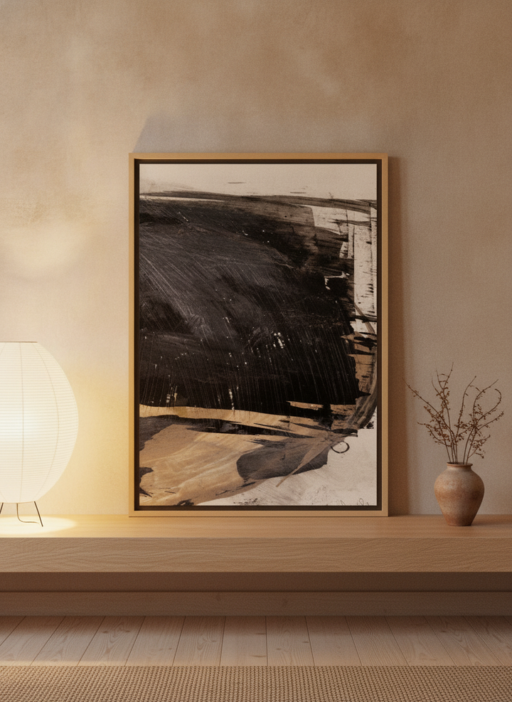 Canvas wall art with a natural timber surround standing on a shelf in a warm Japandi bedroom