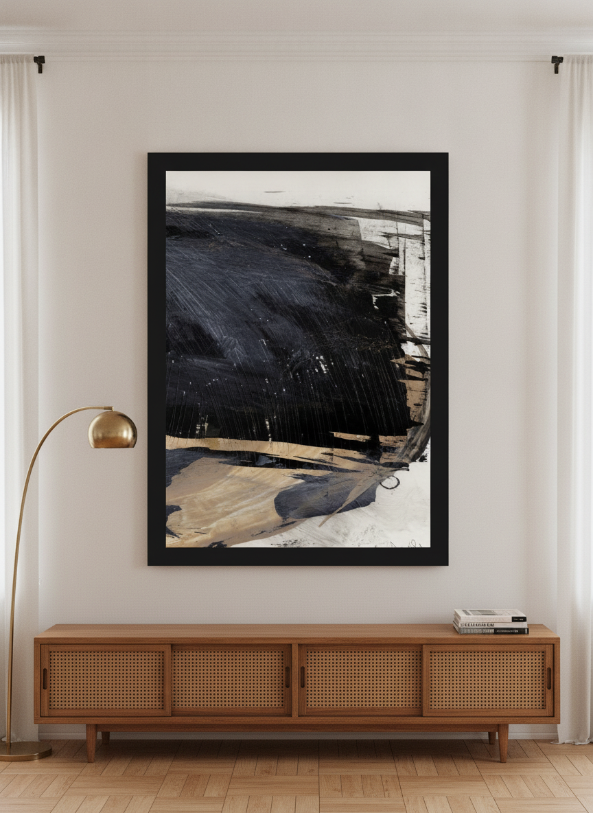 Oversized statement modern wall art print styled on the wall in a mid-century living room
