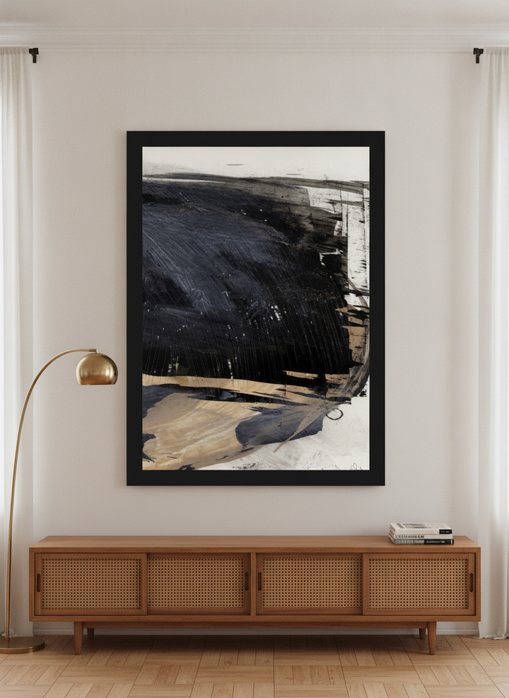 Oversized statement modern wall art print styled on the wall in a mid-century living room