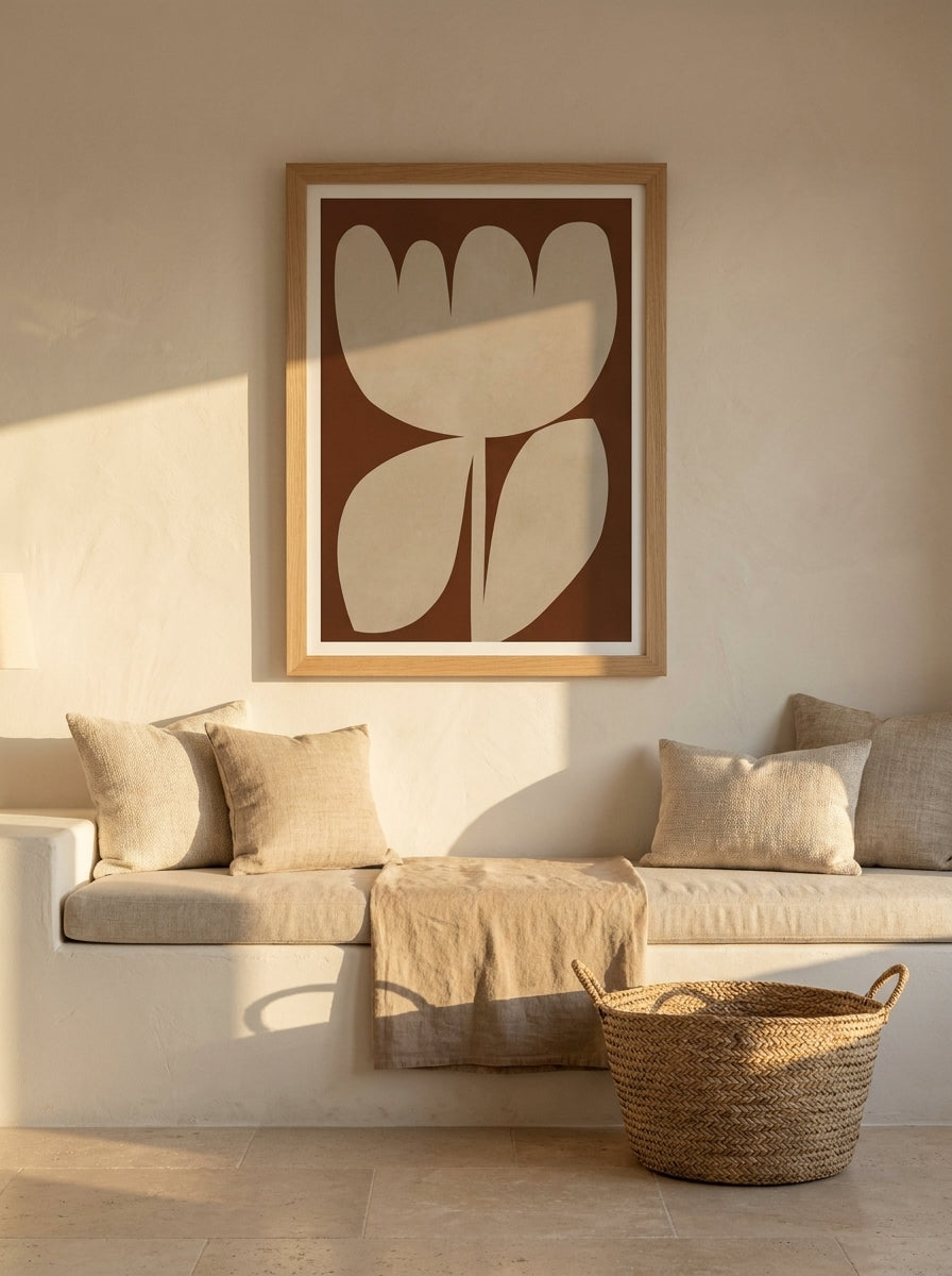 Modern wall art print styled on the wall in a Mediterranean living room