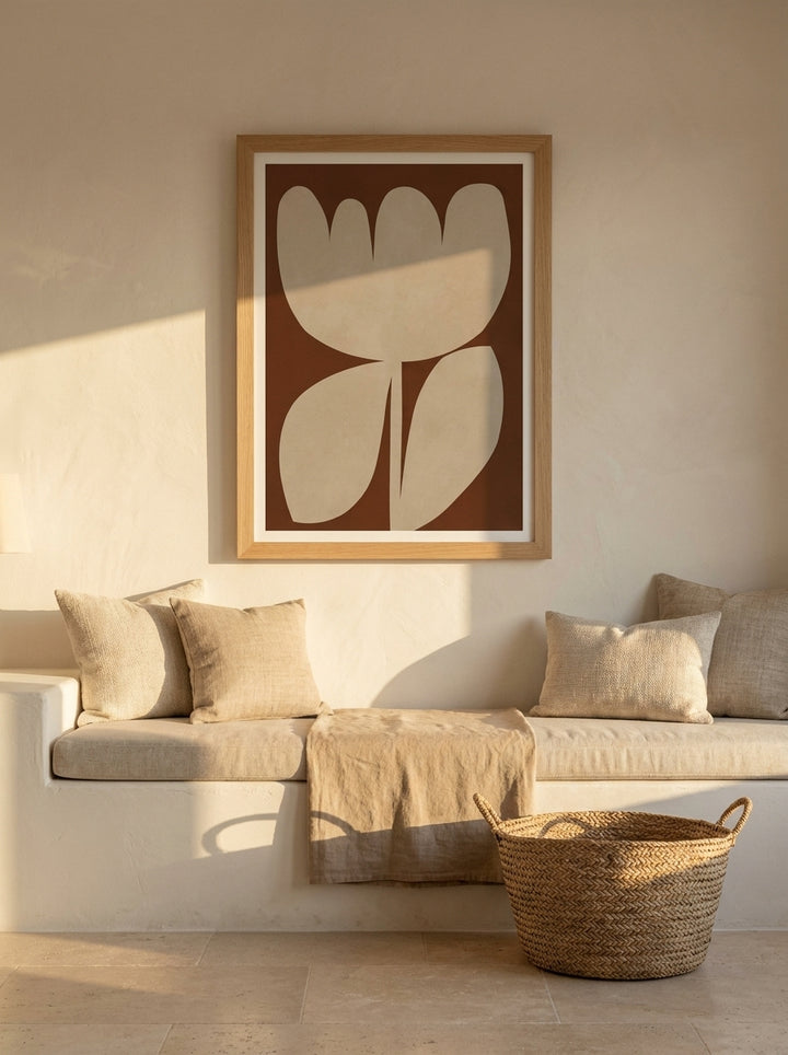 Modern wall art print styled on the wall in a Mediterranean living room
