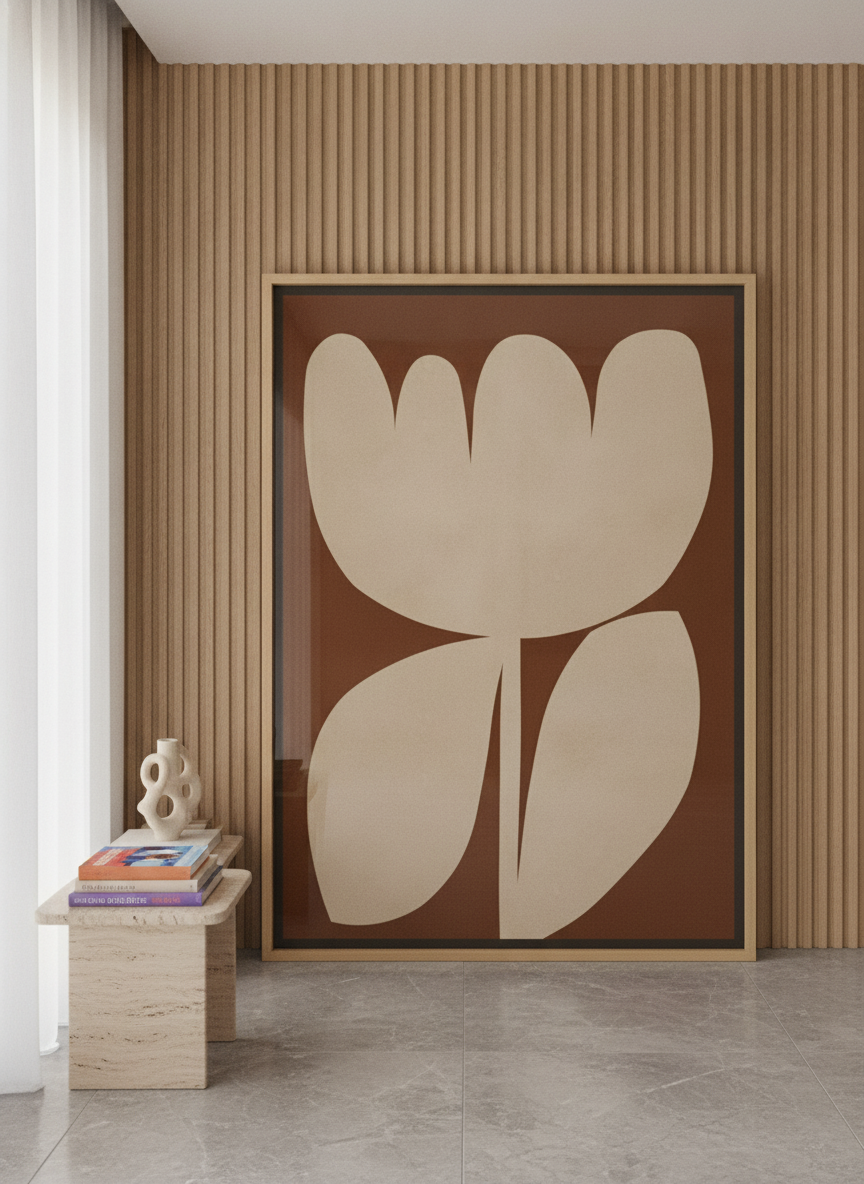 Oversized statement canvas wall art with a natural timber surround leaning against the wall in a luxe dining room